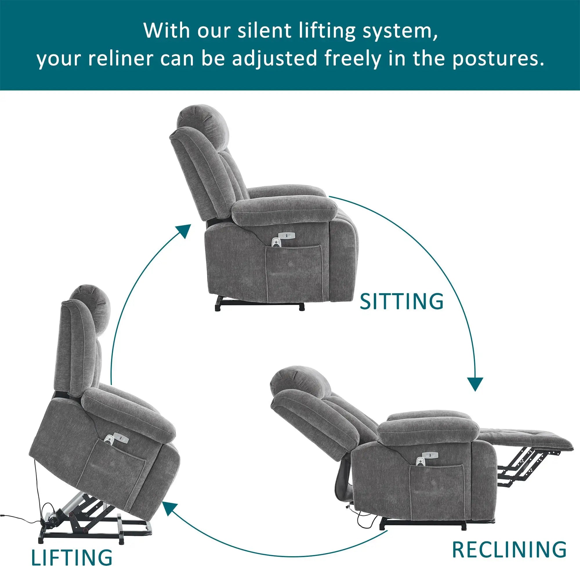 RelaxMax ProLift Electric Recliner – Heated Massage Chair with USB Ports, Storage Pocket & Easy Assembly, 95×94×107 cm, Grey