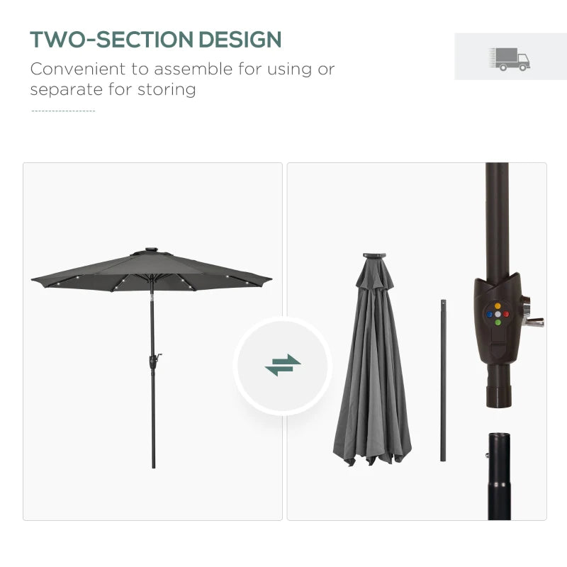 Grey Solar LED Light Patio Umbrella with Hand Crank