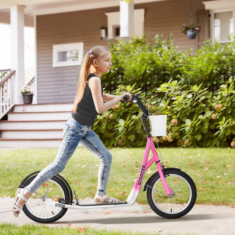 Kids Kick Stunt Scooter with Adjustable Handlebar, Dual Brakes, Basket & Cupholder, 16" Inflatable Wheels, Pink for Ages 5-12