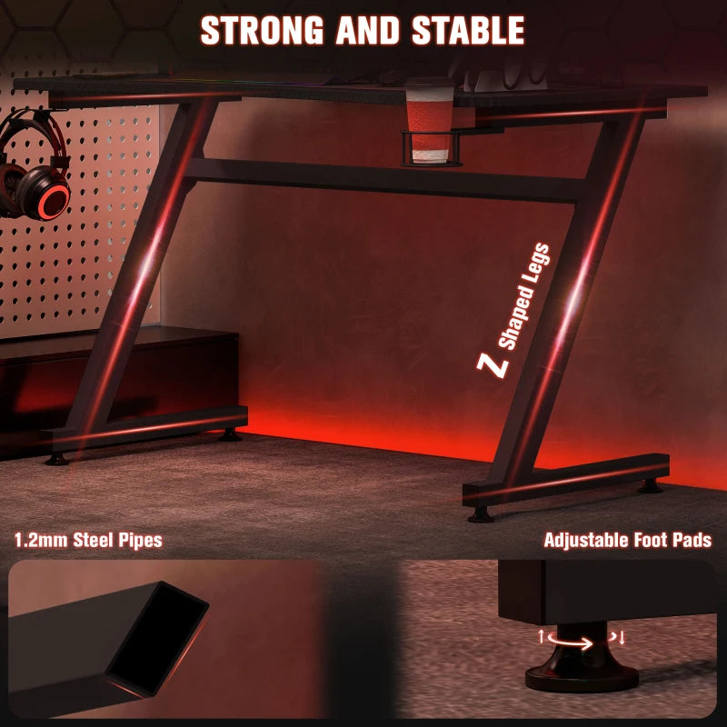 Gaming Desk 120x65 cm - Steel Frame, Cup Holder, Headphone Hook, Adjustable Feet, Cable Organizer - Black Home Office Table