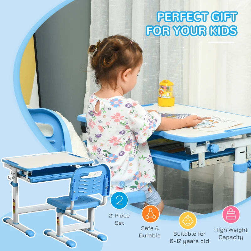 Kids Height Adjustable Desk and Chair Set - Blue, Tiltable Study Table with Drawer, Pen Slot & Hook for Students