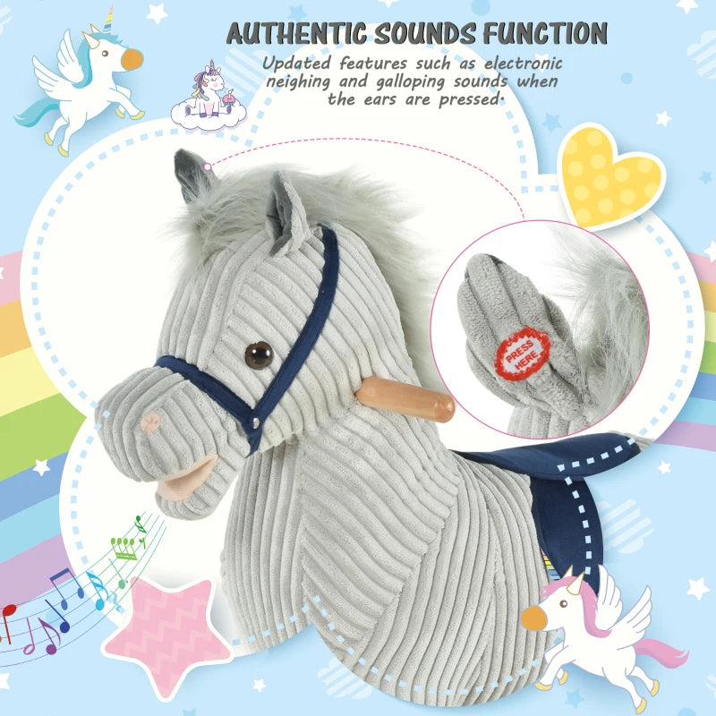 Kids Plush Rocking Horse with Sound - Soft Ride-On Toy for Children Ages 3-6 - Grey Rocker Gift