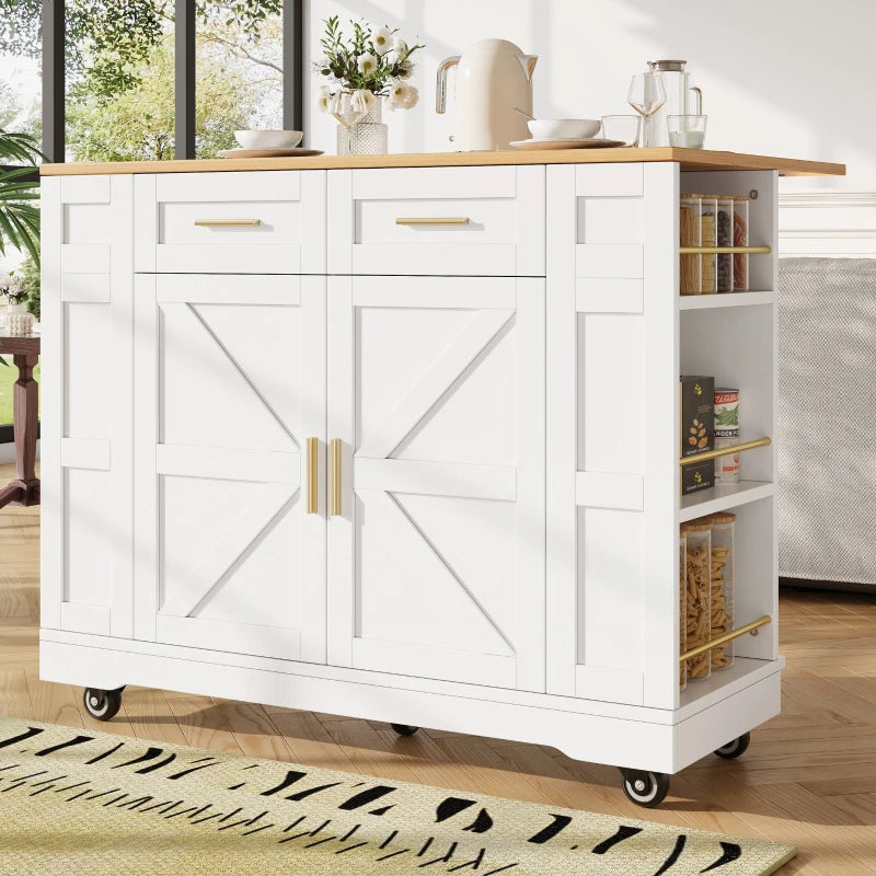 Adjustable Kitchen Island Trolley - Rolling Cart with Drawers & Storage Racks, 120x40x90 cm, White - Easy Stability