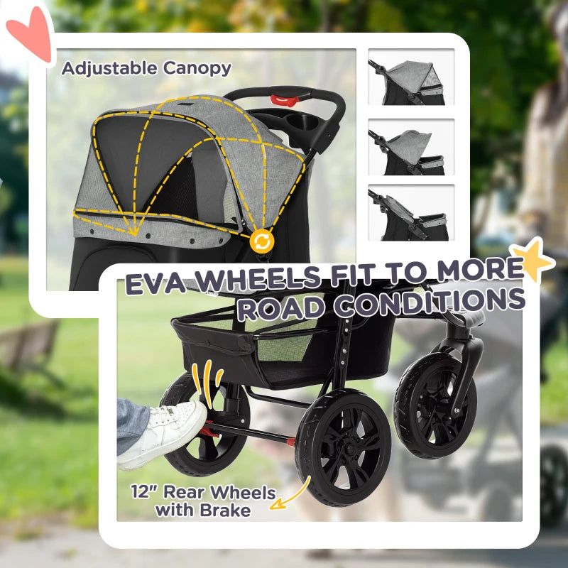 Foldable 3-Wheel Pet Stroller with Sky Roof for Small Dogs and Cats Red