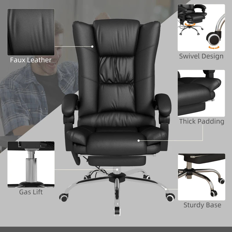 Vinsetto High Back Massage Office Chair with Heat, Reclining PU Leather Computer Chair, 135° Recline & Footrest - Black