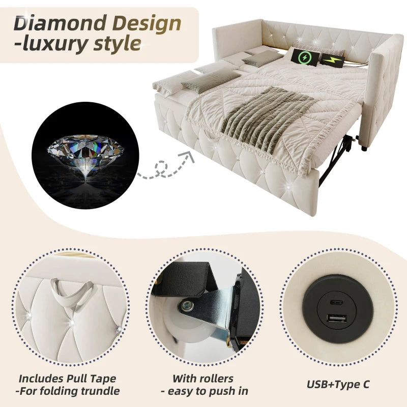 3 Seater Futon Bed with Fast Charging Ports and Removable Trundle for Overnight Guests Beige