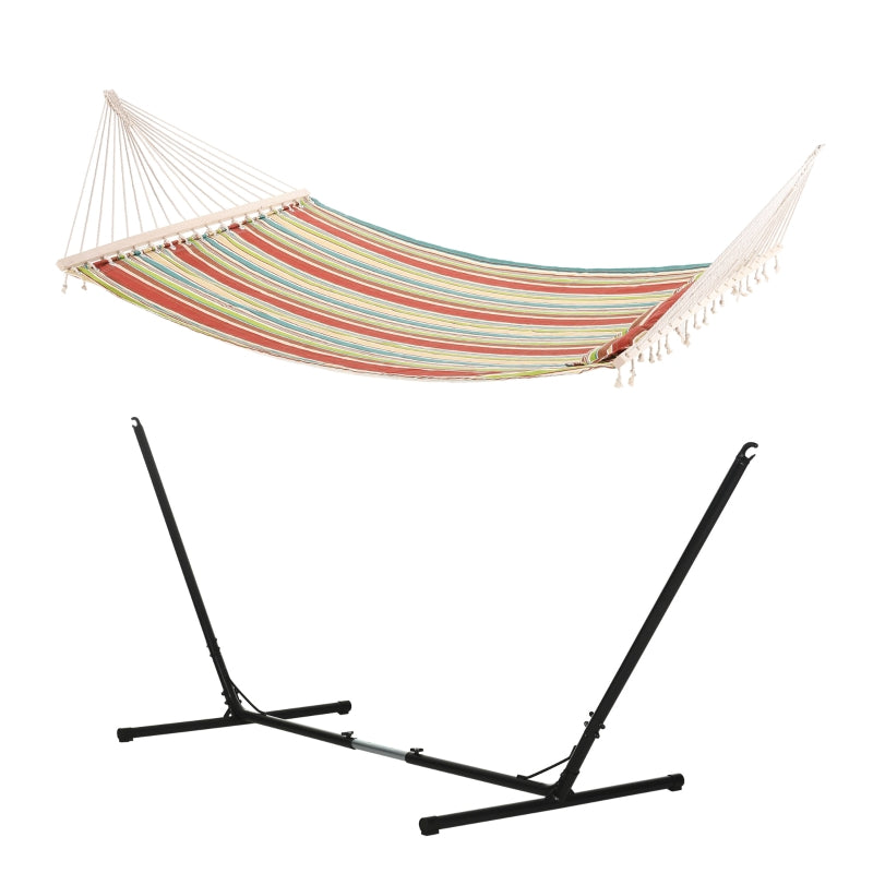 Red Striped Double Cotton Hammock with Adjustable Steel Frame