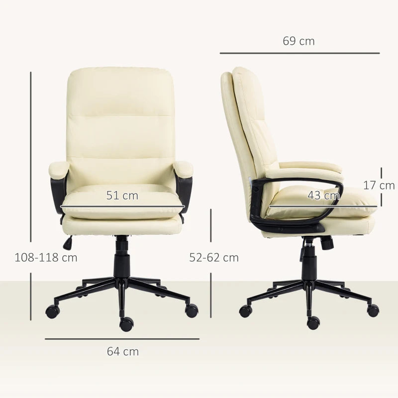 Vinsetto Cream White PU Leather Office Chair - Adjustable Height, Swivel Rolling Wheels for Home & Study