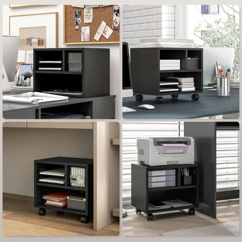 Black Three-Compartment Printer Cabinet on Wheels - Stylish & Functional Storage Solution for Home Office or Workspace