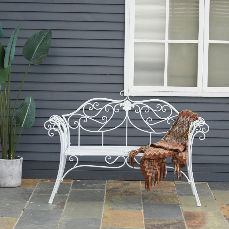 White Antique Garden Bench with Cast Iron Backrest - 2 Seater Outdoor Chair