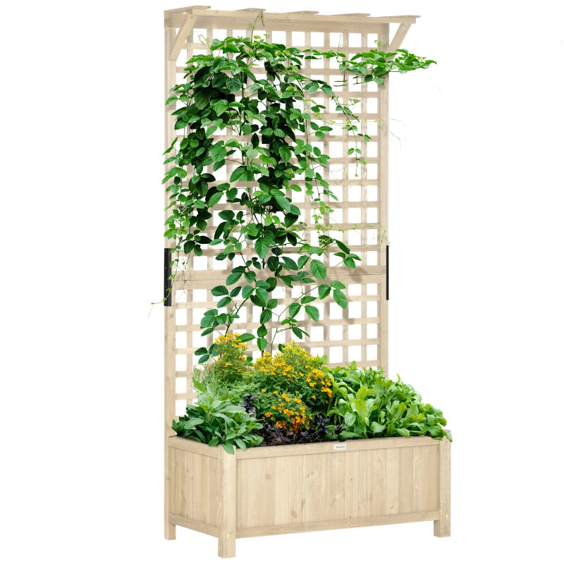 Wooden Raised Garden Bed with Trellis for Climbing Plants and Vegetables Natural Planter with Drainage Holes