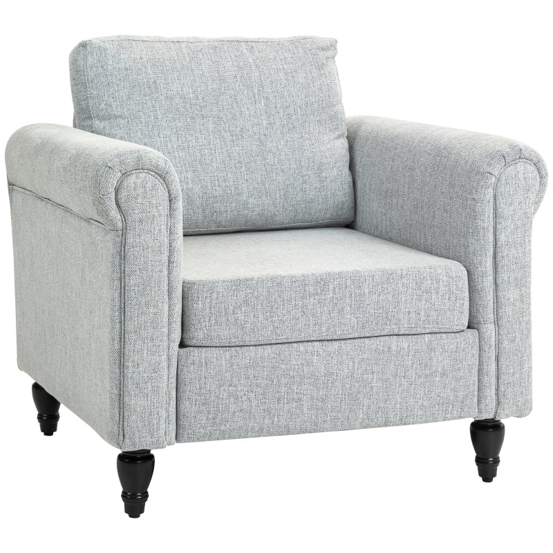 Vintage Upholstered Accent Chair with Back Pillow and Rolled Arms, Light Grey, Rubber Wood Legs