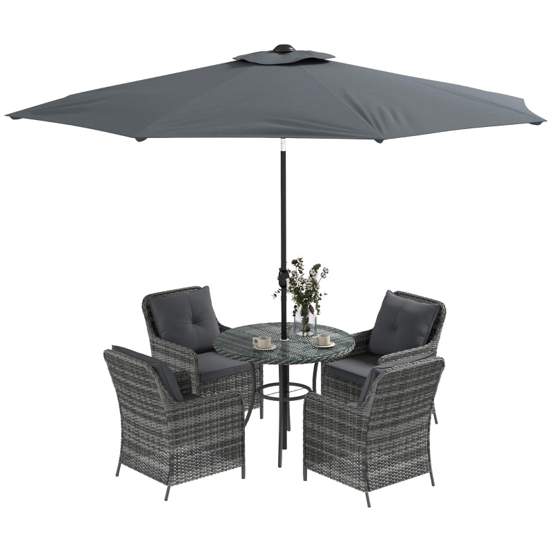 4 Seater Rattan Garden Dining Set with Umbrella and Cushions - Grey