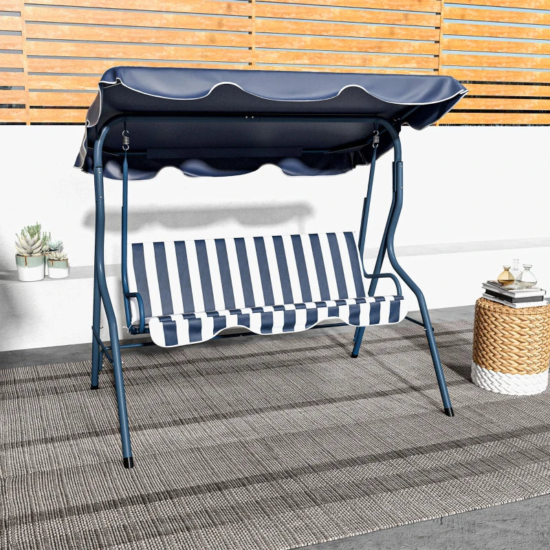 Blue Striped 3-Seater Outdoor Swing Bench with Adjustable Canopy