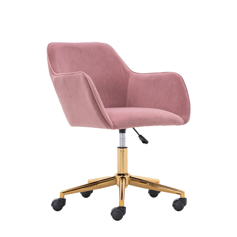 Elegant Pink Velvet Swivel Office Chair with Gold Legs and Ergonomic Backrest, Adjustable Height, 58x58x86 cm
