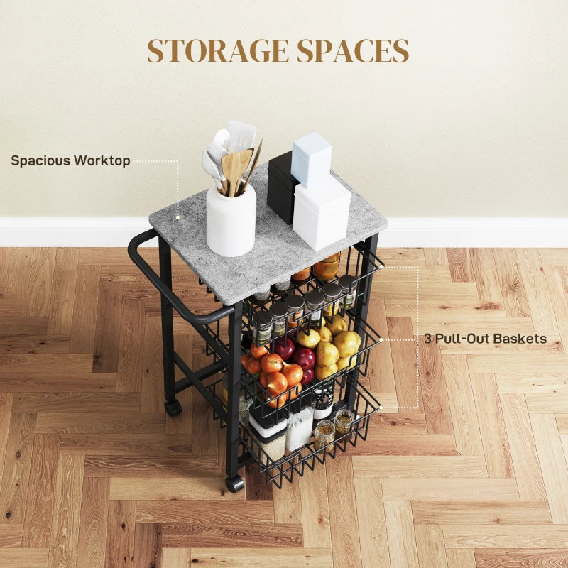 Three Basket Mobile Kitchen Island with Brakes - Stylish Grey/Black Storage Solution for Home Cooking and Dining