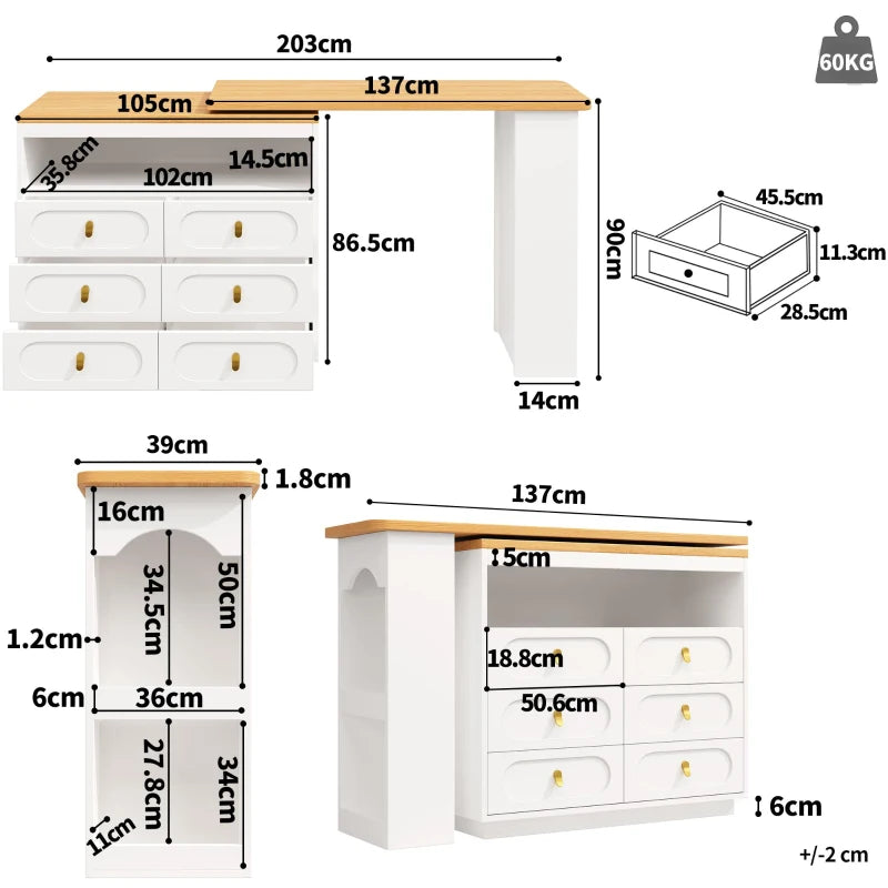 360° Rotating Bar Table with Side Table & Spice Rack - Extendable Kitchen Island with 6 Drawers, White, 137x39x90 cm