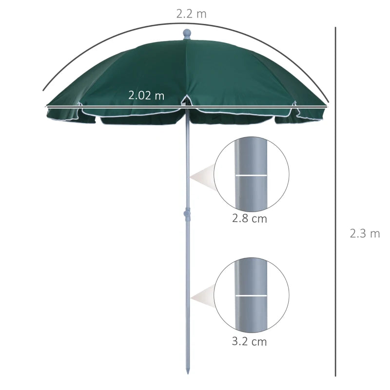 Green 2.2m Portable Beach Umbrella with Tilting Function