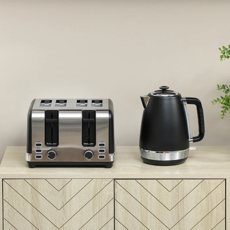 Stainless Steel Kettle & Toaster Set - 1.7L Rapid Boil Jug Kettle with Strix Thermostat & 4 Slice Toaster - Black/Silver