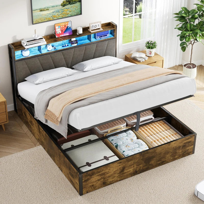 Double Bed Frame with RGB LED Headboard & Charging Station, Hydraulic Storage, Linen Fabric, Black & Walnut, 205x136x109 cm