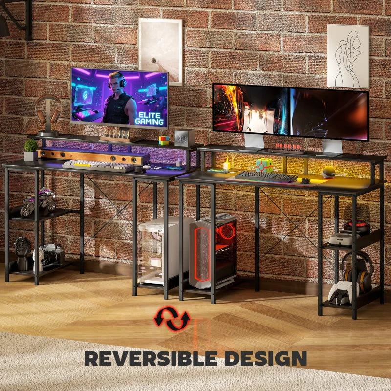 LED Computer Desk with Power Outlets & Shelves - Stylish Carbon Fibre Grey Home Office Furniture