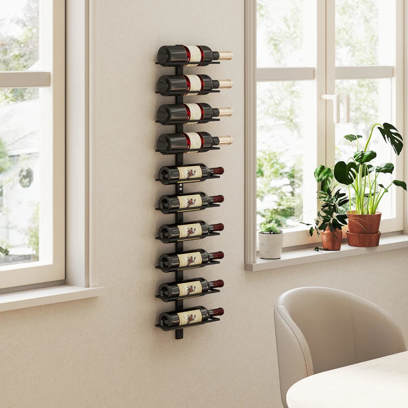 10-Tier Wall Mount Wine Rack - Steel Wine Bottle Holder for Kitchen, Dining Room & Home Bar - Black Display Rack