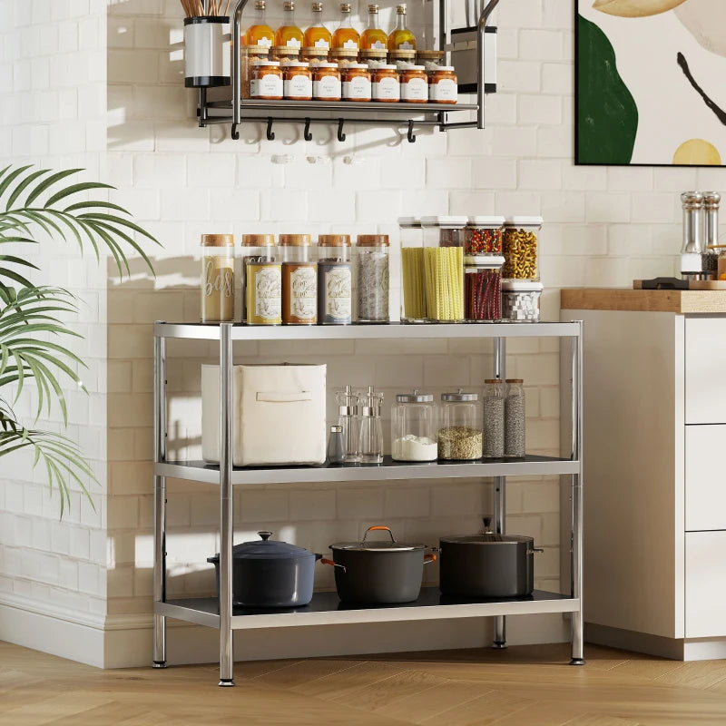 3-Tier Stainless Steel Bakers Rack with Adjustable Shelves - Kitchen Storage Unit for Spices, Pots & Pans - Silver Tone