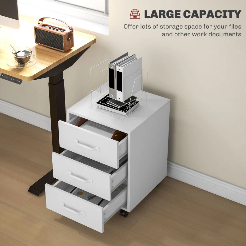 3 Drawer Mobile File Cabinet on Wheels - White Storage Solution for Home Office & Study