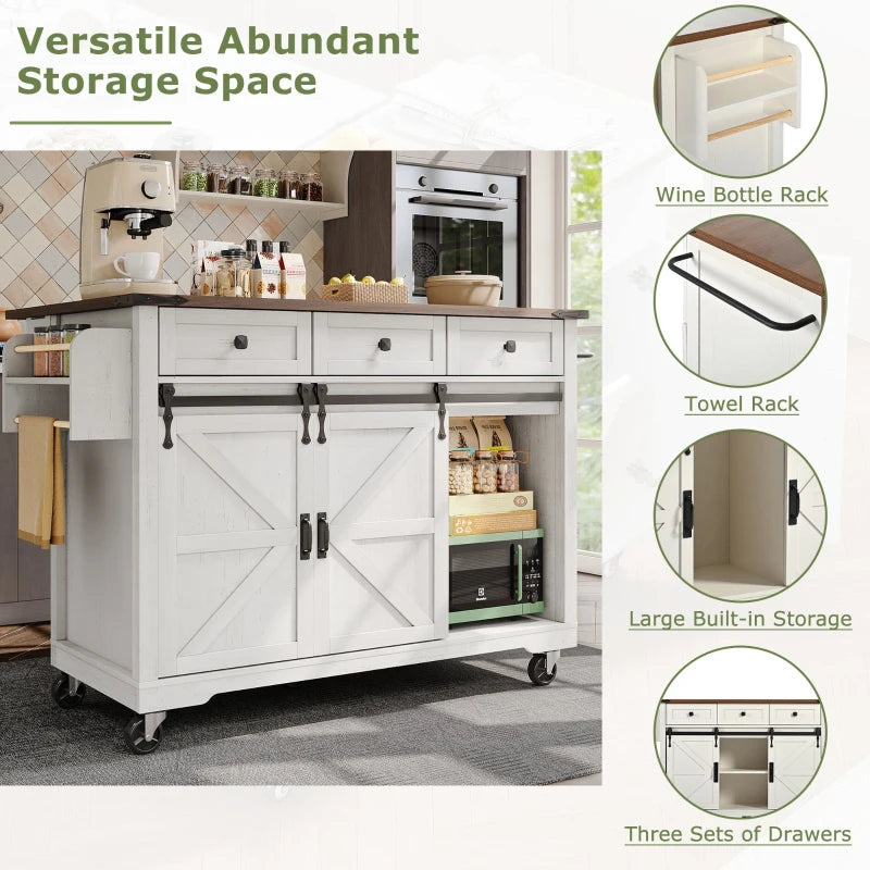 Elegant White Kitchen Island with Extendable Worktop, Smooth Wheels, Ample Storage & Foldable Cabinet - 140x45x94 cm