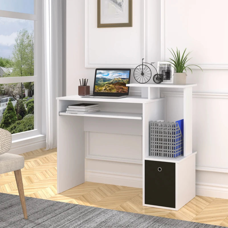 Modern White Computer Desk with Sliding Keyboard Tray, Storage Drawer & Shelf - Ideal Home Office Workstation