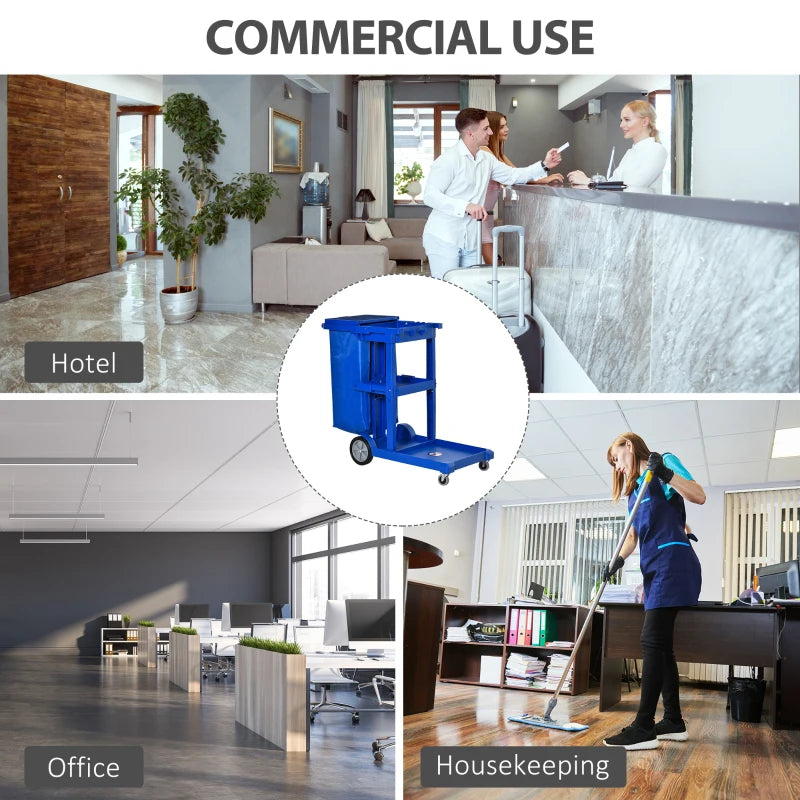 Blue Janitor Cleaning Trolley with Bin, Shelves & Hooks - Heavy-Duty Utility Cart for Efficient Cleaning Solutions