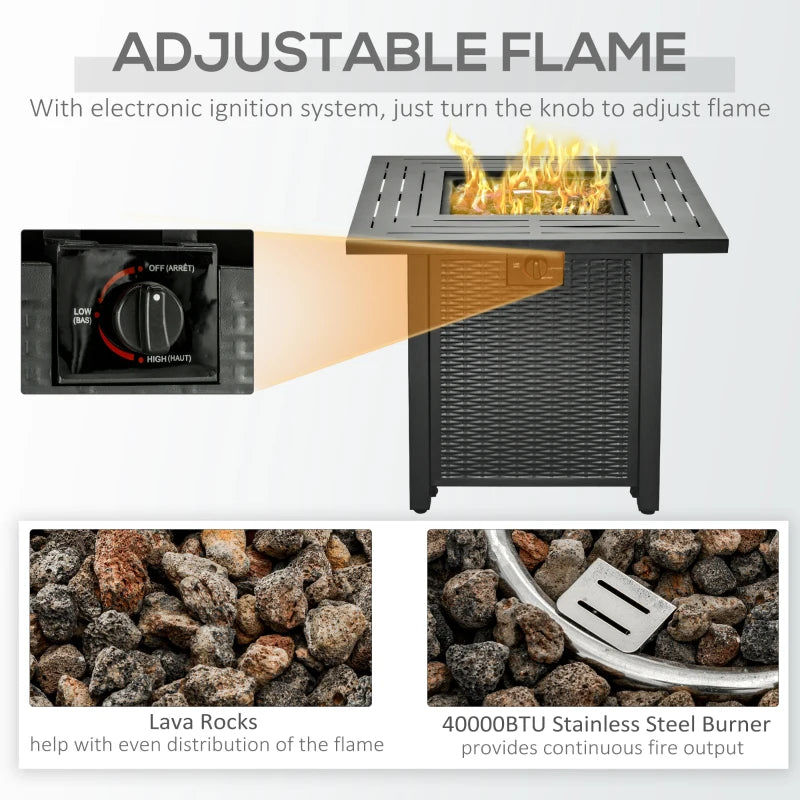 Square Propane Gas Fire Pit Table 40000 BTU - Smokeless Rattan Patio Heater with Cover, Lava Rocks & Lid - 71cm Black