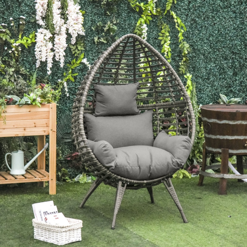 Teardrop Wicker Rattan Chair with Thick Cushions - Outdoor Egg Seat (Grey)