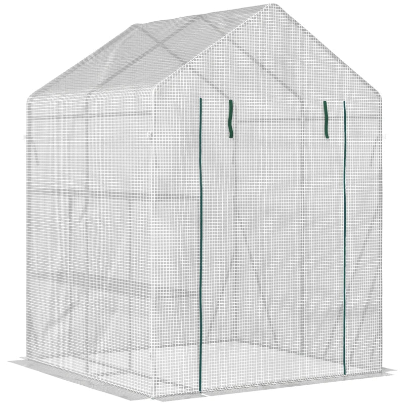 Portable Greenhouse with 2 Tier Shelf, Roll-Up Door, PE Cover - Green, 143x143x195cm