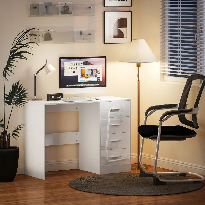 Modern White Computer Desk with Drawers - High Gloss Home Office Writing Workstation & Stylish Dressing Table