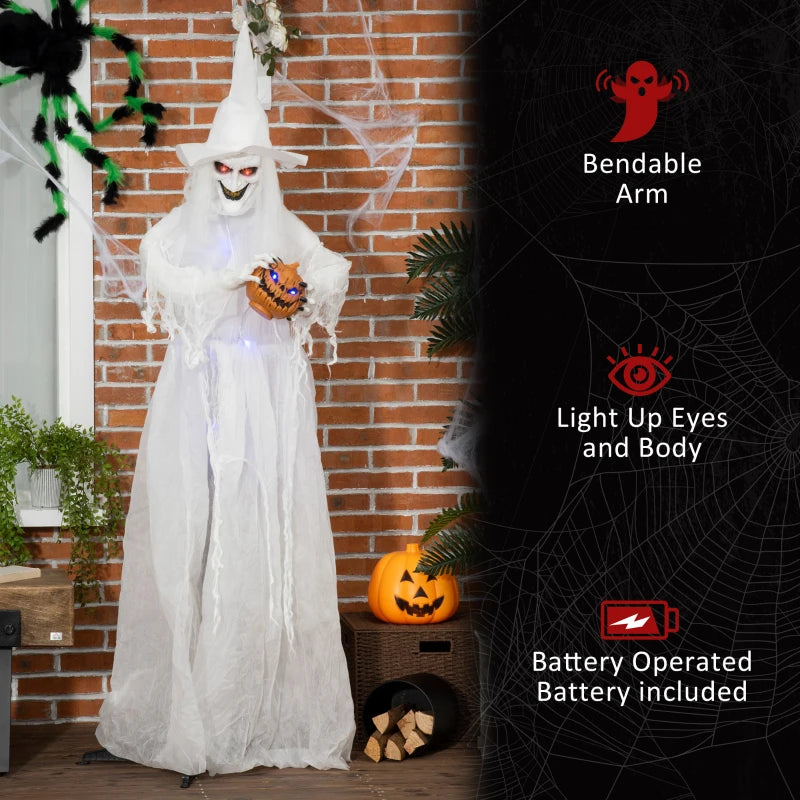 74" Halloween Decorations - Life Size White Witch Holding Pumpkin Head & Skeleton Ghost Prop with Light Up Eyes