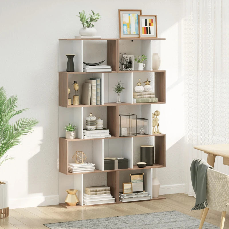 S-Shaped Wooden Bookcase - 5/6 Tier Freestanding Oak & White Bookshelf for Home Office Storage & Display, 24D x 60W x 184.5H