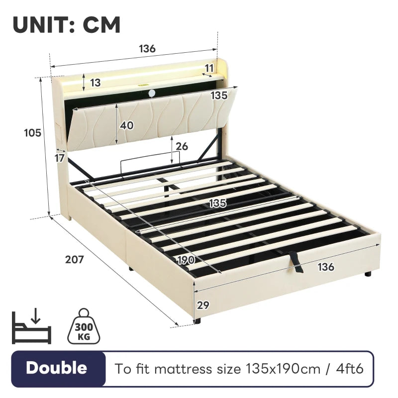 Double Upholstered Bed with LED Headboard & USB Ports - Hydraulic Storage Bed, Beige, 207x136x105 cm - Modern Charging Station