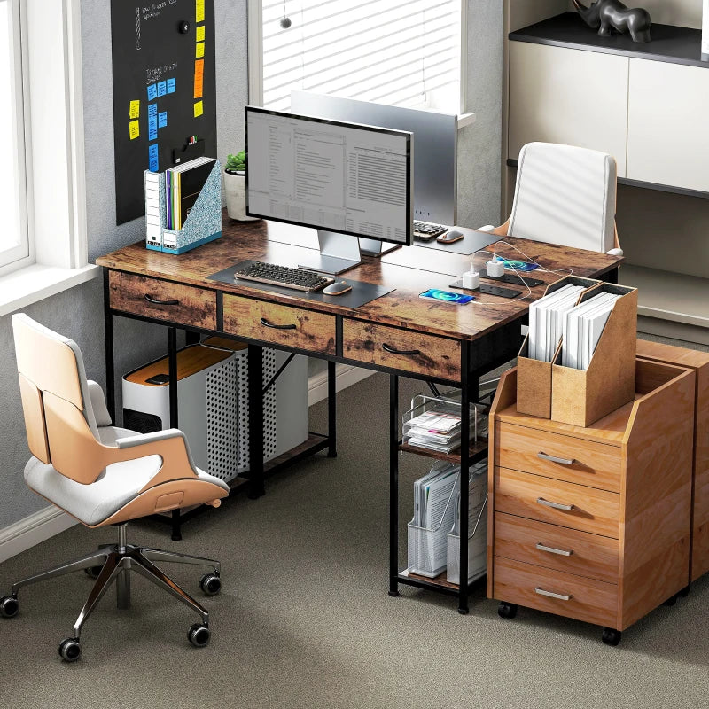 Rustic 120cm Computer Desk with Power Outlets, Fabric Drawers & Storage Shelves - Stylish Office Study Table in Brown