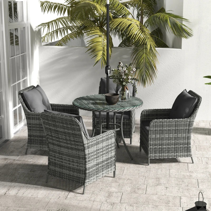 4 Seater Rattan Garden Dining Set with Umbrella and Cushions - Grey