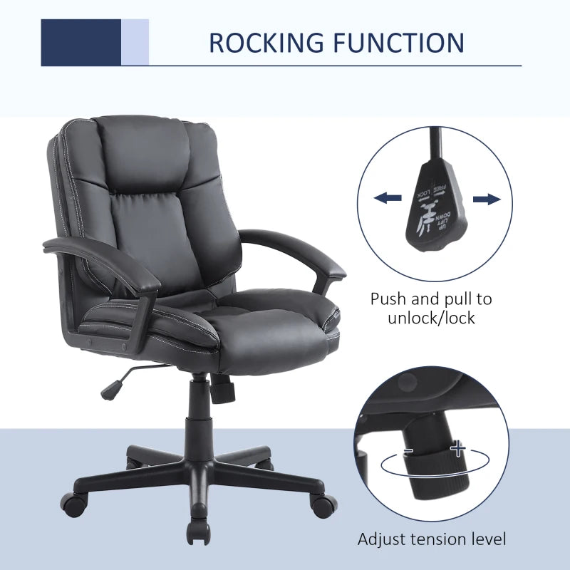 Ergonomic PU Leather Office Chair - Adjustable Mid Back Executive Desk Chair with Swivel Wheels for Home & Study, Black
