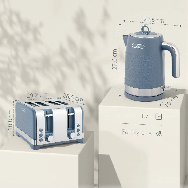 Sleek Blue Textured Kettle & Four-Slice Toaster Set - Modern Kitchen Appliances for Stylish Cooking