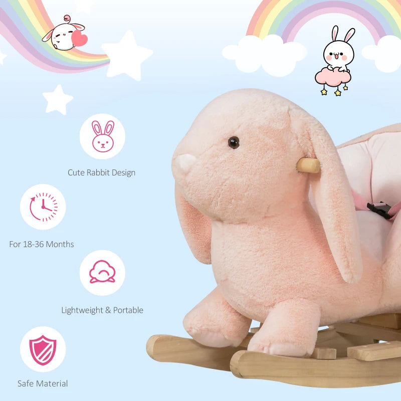 Plush Rocking Rabbit Ride-On Toy with Sound and Seatbelt for Toddlers Ages 18-36 Months Pink
