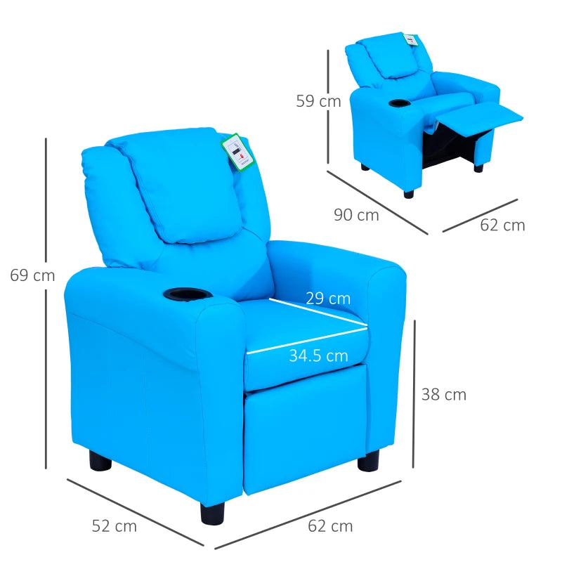 Kids Recliner Chair - Blue PU Leather, Adjustable Backrest & Footrest, Padded Headrest for Comfort - Perfect for Playtime!
