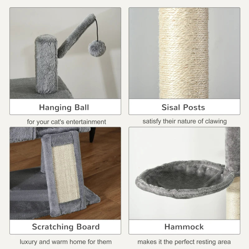 270cm Cat Tree for Indoor Cats - Floor to Ceiling Scratching Post with Hammock & Hanging Ball - Grey Activity Center