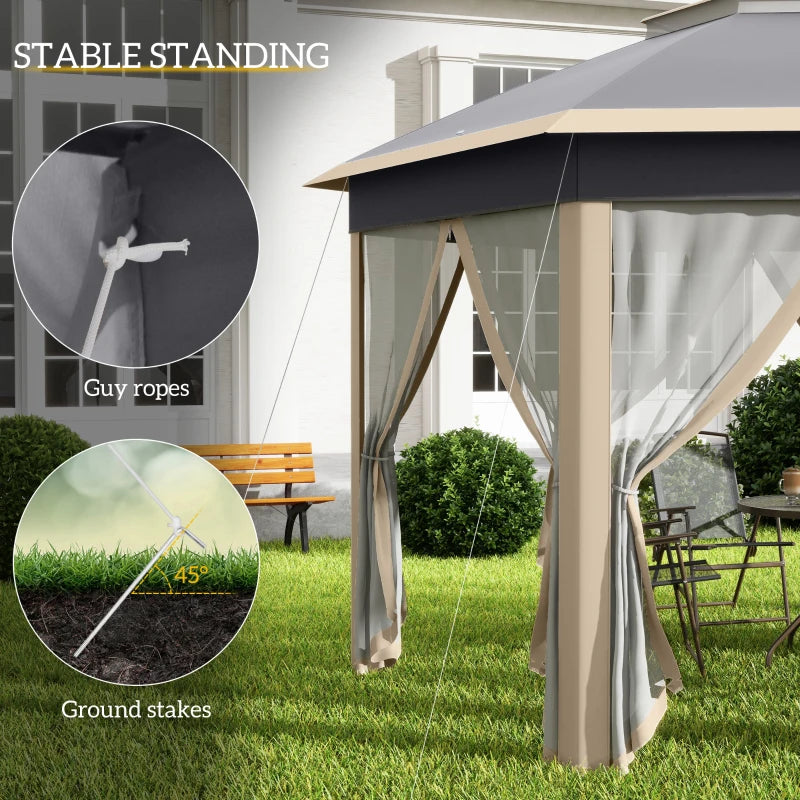 Hexagon Outdoor Patio Gazebo with Netting, Khaki, 3x4m