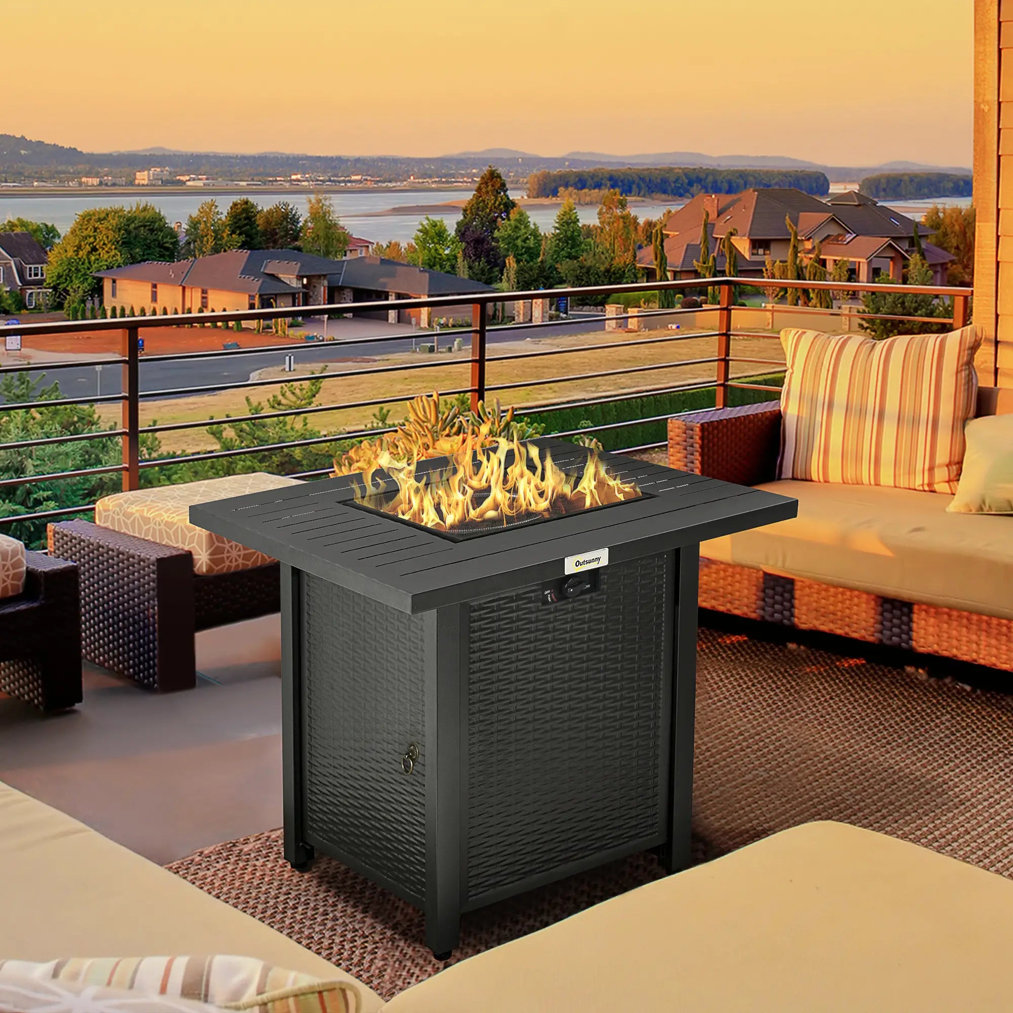 Rattan-style Propane Gas Fire Pit Table with 40,000 BTU Burner, Square Smokeless Firepit Patio Heater with Thermocouple, Lava Rocks, Waterproof Cover, Spark Guard and Lid, Black