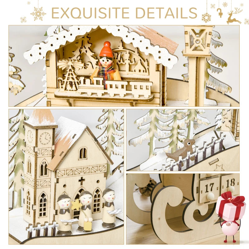 2021 Light Up Christmas Advent Calendar - Wooden Sleigh Holiday Decoration with Countdown Drawers for Kids & Adults - Natural Wood