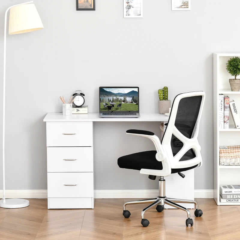 Modern White Computer Desk with 3 Storage Shelves & Drawers, Stylish Writing Table for Home Office, Silver Handle