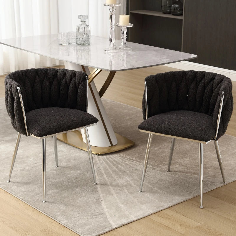 Set of 2 Modern Boucle Upholstered Dining Chairs with Silver Legs & Armrests - Stylish Living Room Seating, Black, 54x52x73 cm